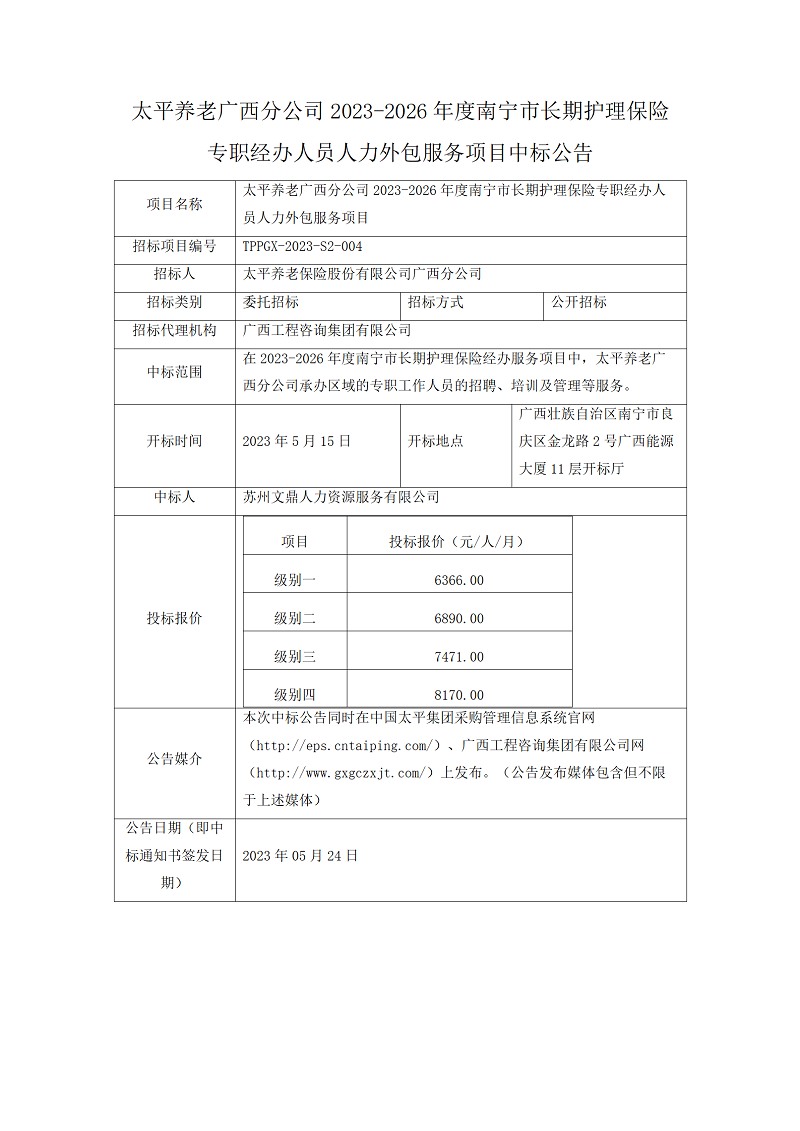 太平养老广西分公司2023-2026年度南宁市长期护理保险专职经办人员人力外包服务项目中标公告